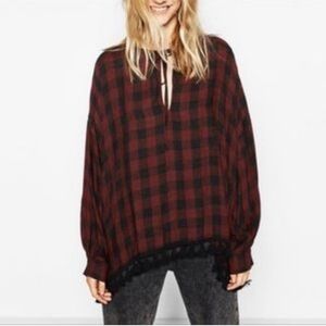 ZARA WOMAN M black rusty red buffalo plaid flannel tie neck long sleeve top